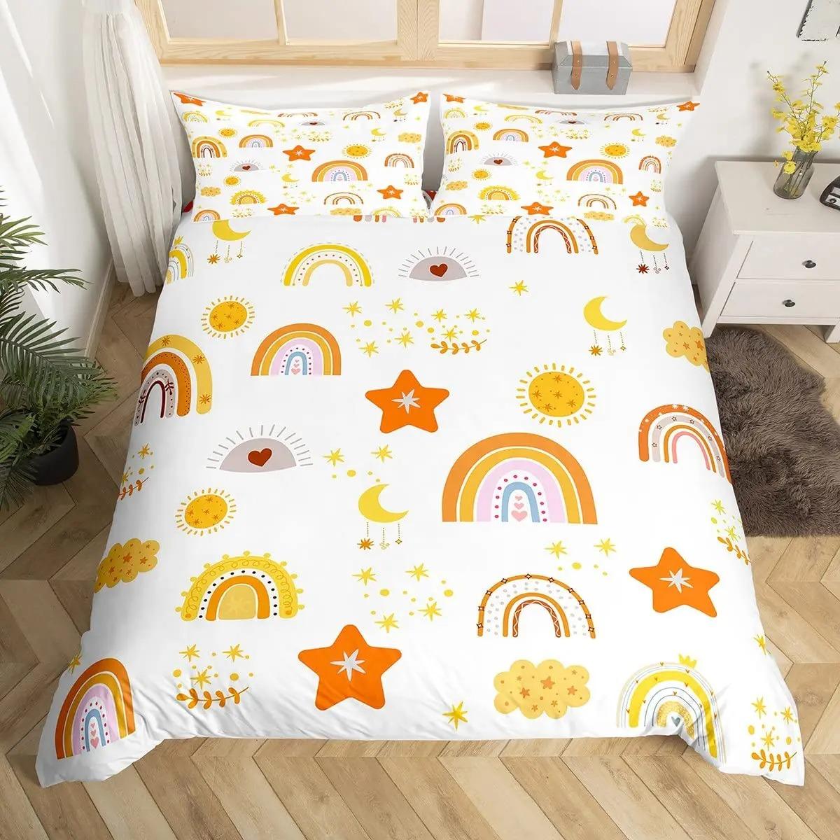 

Red Valentine S Day Rainbow Duvet Cover Twin Size,Cartoon Love Heart Bedding Set For Girls Women Moon Leaves Comforter Cover 70x133cm 2pcs