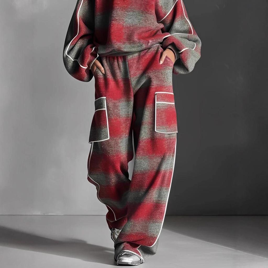 Women's Plaid Distressed Color Block Piping Pantsuit Set - European & American Street Style 2025