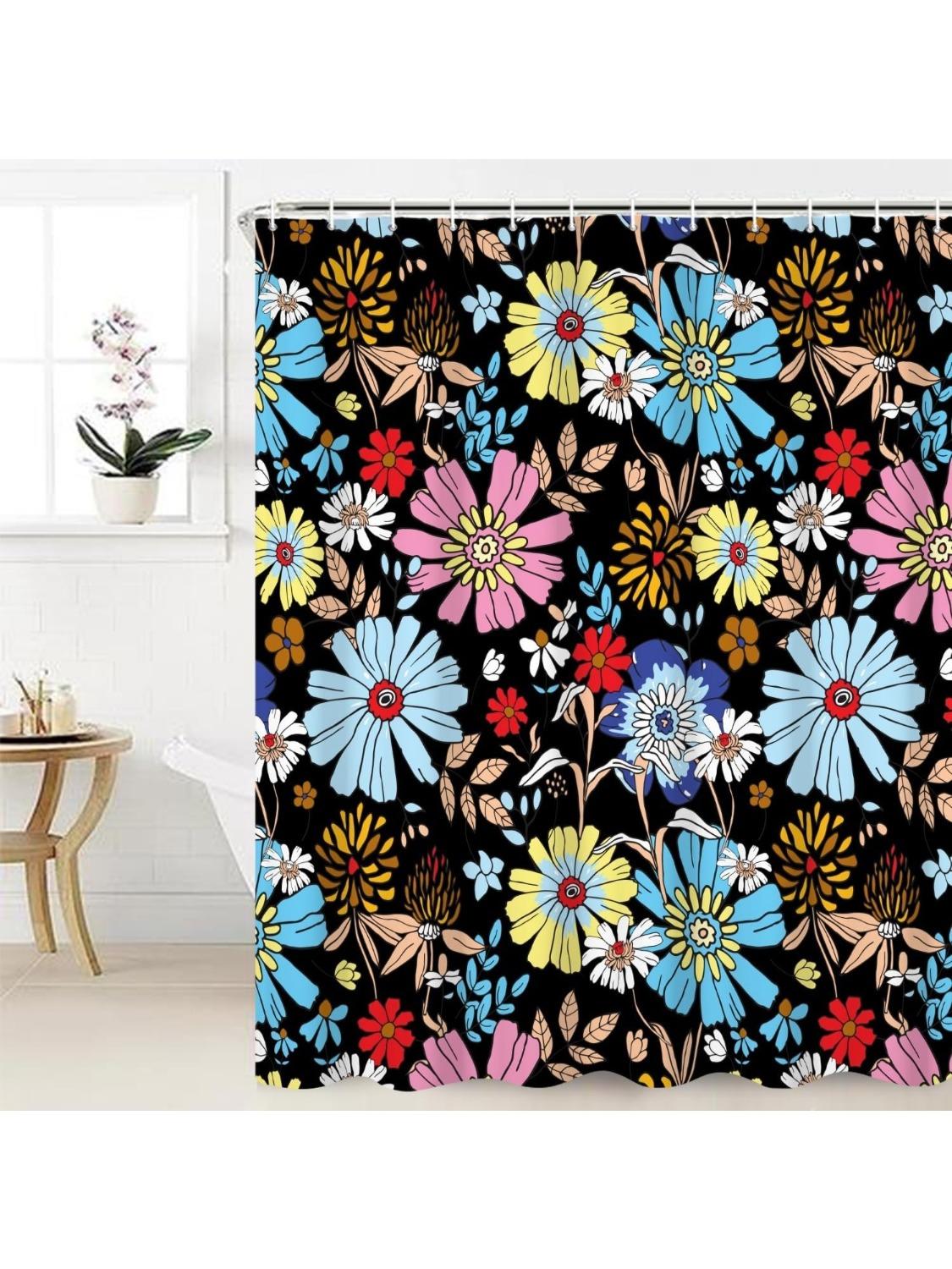 

Colorful Floral Shower Curtain Traditional Vintage Abstract Flowers Black Backdrop Modern Stylish Shower Curtains For Waterproof W60H190(CM)-1 Pcs