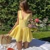Zbzr Spring New Women Clothes Western Style French Style Fashion Yellow Lace Back Elastic Sling Dress