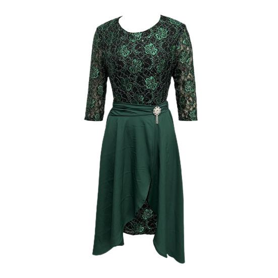 2 Pcs/Set Women Prom Dress Skirt Set Hollow Out Lace Ruffle Hem High Waist Round Neck Three Quarter Sleeve Ankle Length Banquet Maxi Dress