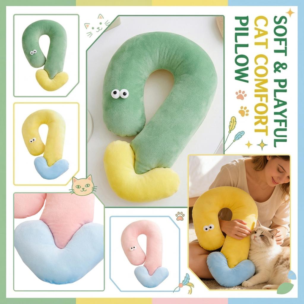 Niedriges Fragezeichenförmiges Katzenkissen, Weiches Haustier-Nackenkissen für Katzen, Ergonomische Halswirbelstütze Haustierbettmatte, Plüsch-Katzenkissen mit PP-Baumwolle