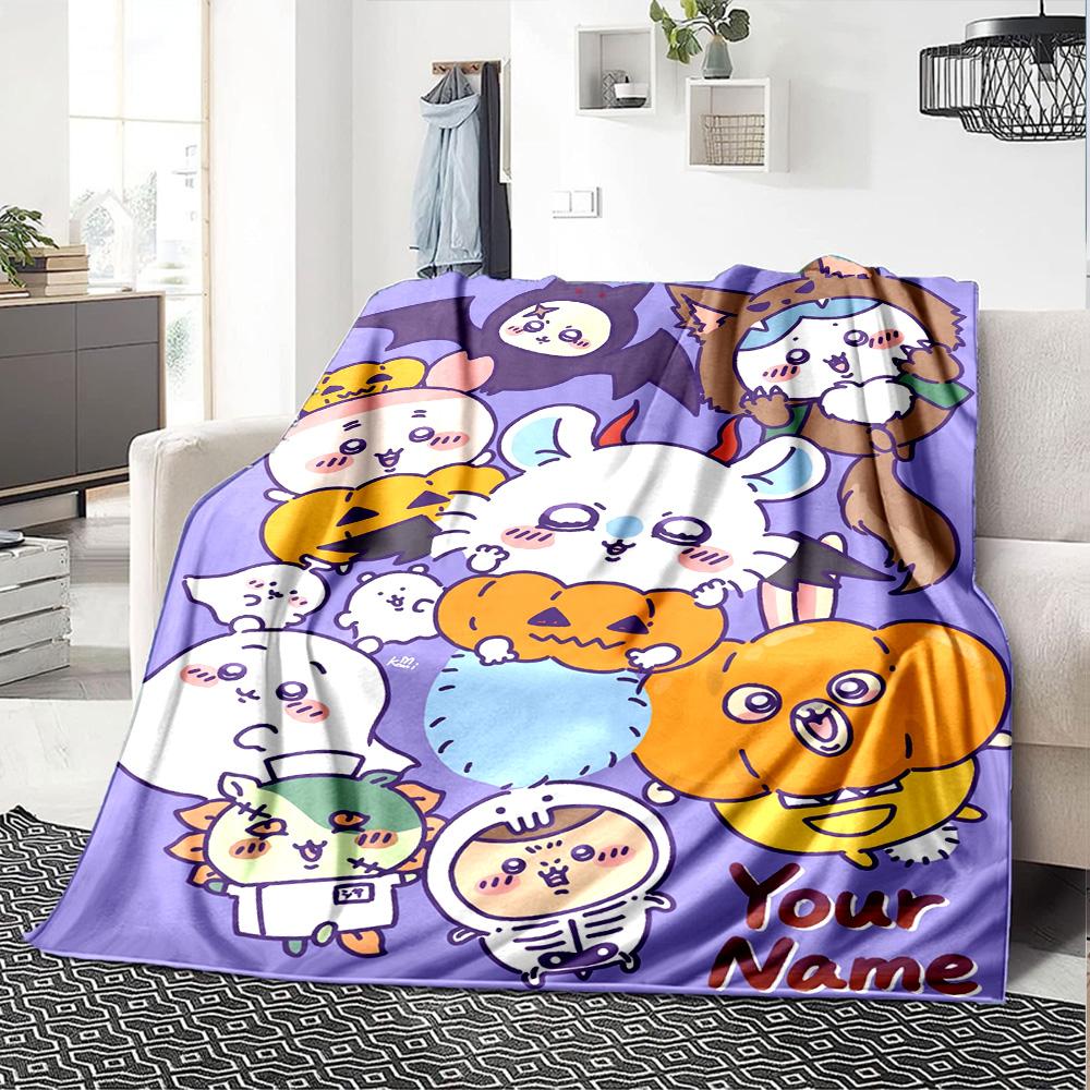 1pc Chiikawa Blanket with Custom Name, Gift, for Men and Women, Soft Blanket, Good for Sofa Bed Couch Travel, Lightweight Flannel Blanket