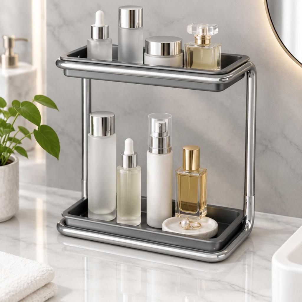 TwoTier Countertop Storage Rack SpaceSaving Organizer with Raised Tray Edges Sturdy Tubular