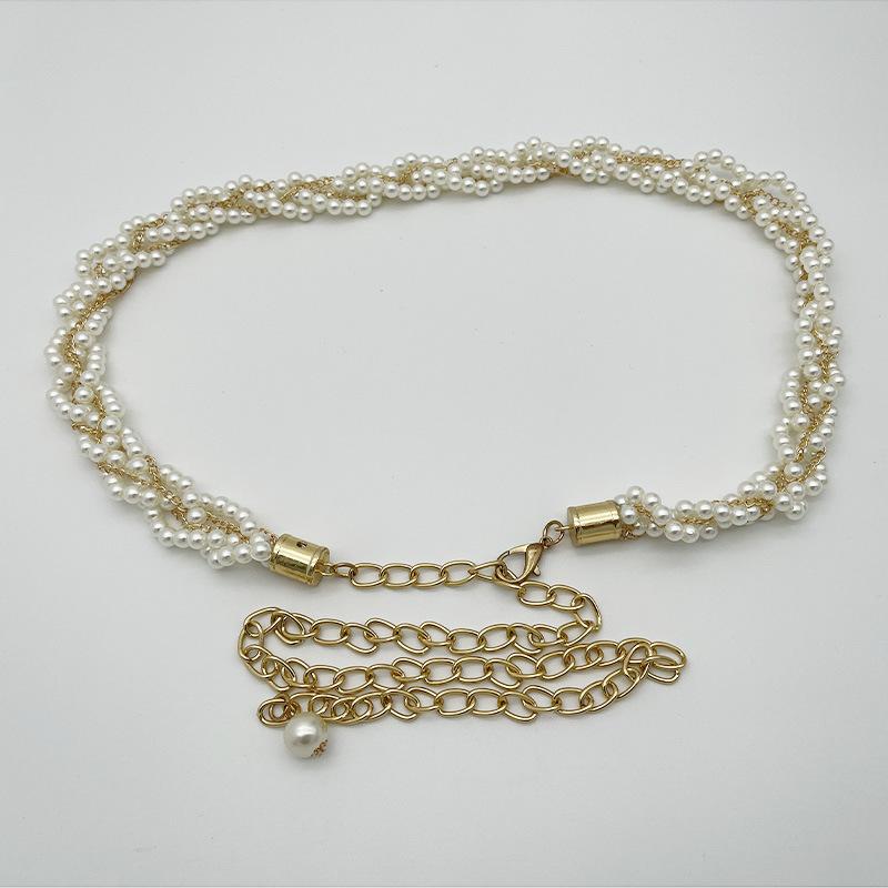 

Модный регулируемый акриловый жемчужный пояс для женщин, металлический тонкий пояс-цепочка, цепочки для тела для похудения, ремешки для платья, юбки, эластичный пояс белый