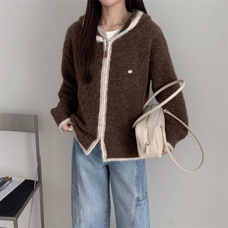 Zipper knitted cardigan women's autumn and winter new loose casual lazy contrasting color hooded sweater jacket women