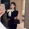 French Small Fragrant Style Bow Dress Women's Autumn Temperament Advanced Sense Sexy Slim and Thin Hip Skirt