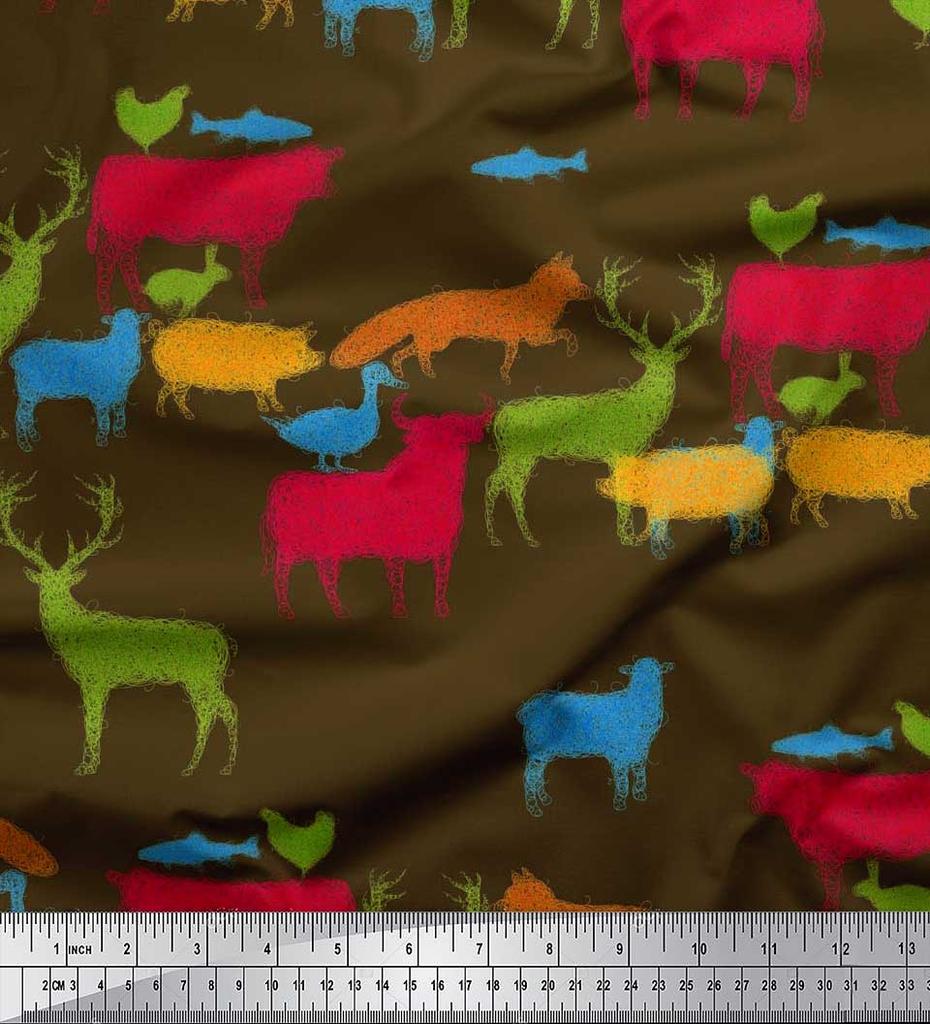 Soimoi Japan Crepe Satin Fabric Birds & Animals Hand Drawn Print Fabric by Metre 42 Inch