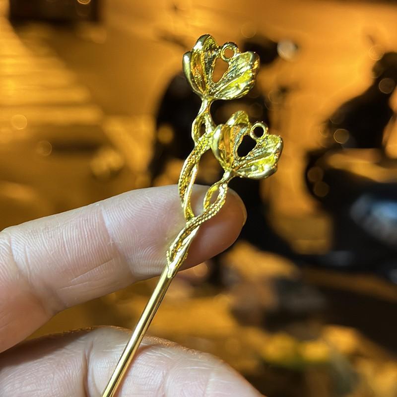 Retro Alloy Flower Branch Hairpin Diy Antique Hanfu Step Hairpin Electrophoresis Electroplating Double-Headed Hairpin