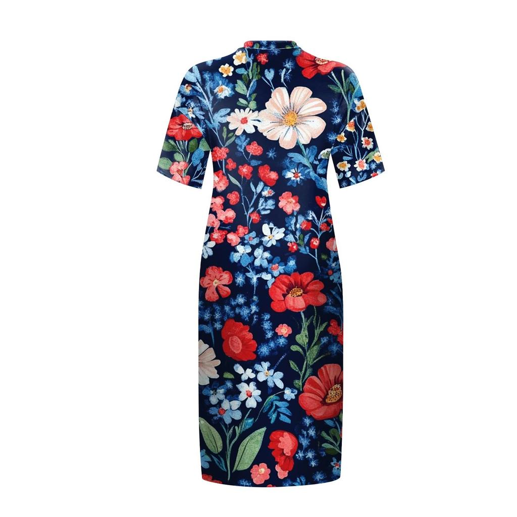 Summer Plus Size V Neck Short Sleeve Knee Pocket Gradient Print Casual Dress For Women