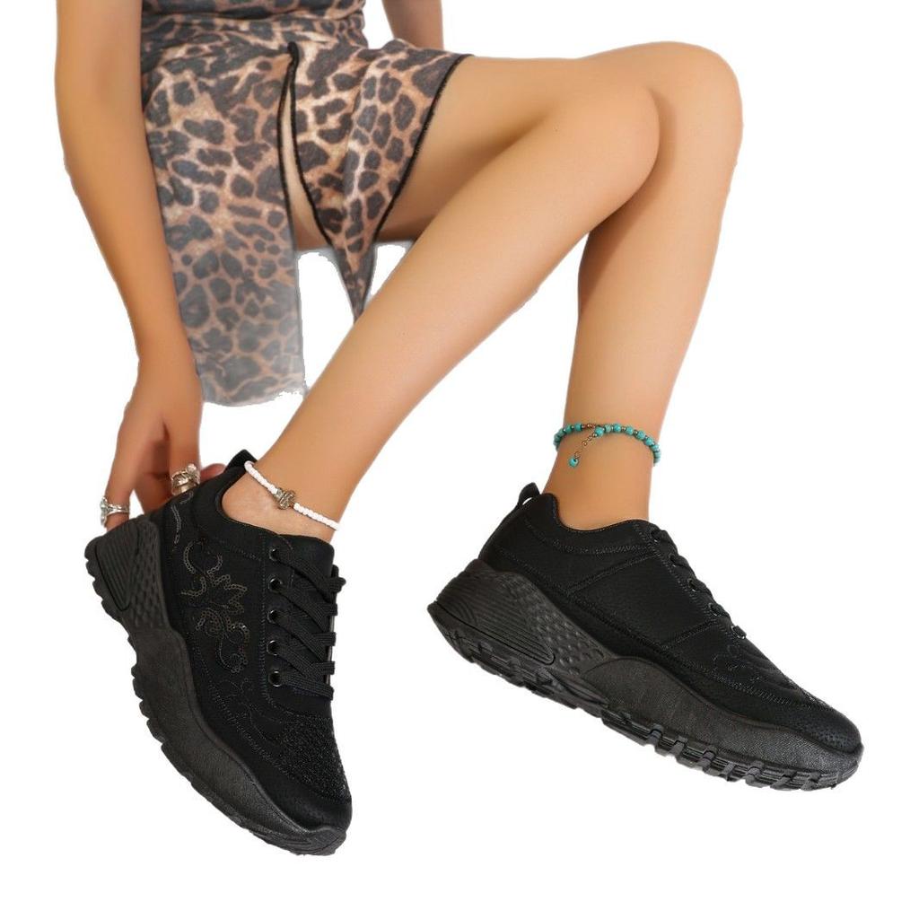 2025 Spring and Autumn European and American new large-size solid color light mouth fashion round head lace-up thick-soled casual women's single shoes