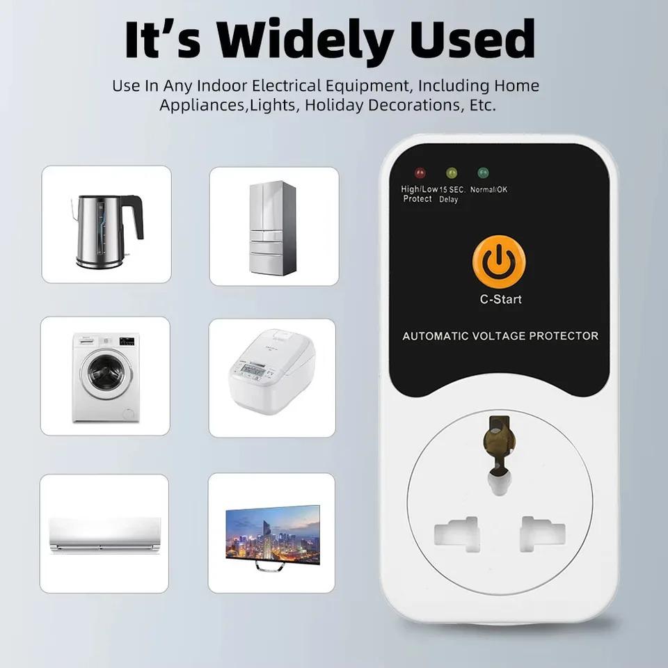 Prise Protecteur de Tension Automatique Protection de Sécurité Surtension/Sous-tension AC 220V Réglable 16A Prise Protecteur de Tension Fiche UE