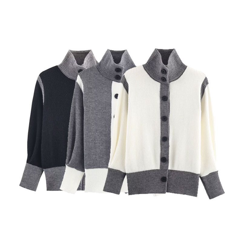 Za New Fall Women's Clothing 2025 Fashion Wind Stylish Fashion Color Contrast High Collar Loose Knitted Cardigan Top
