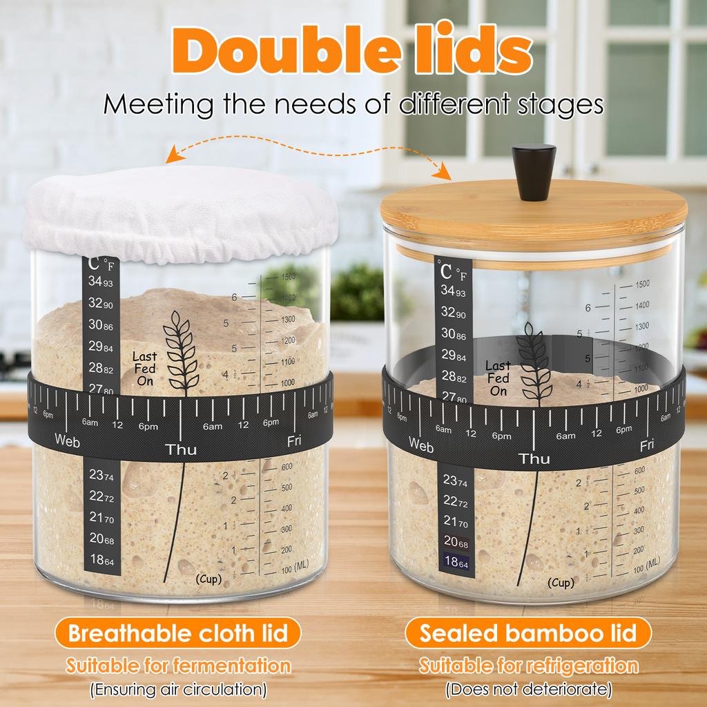 1/2 Stück Borosilikatglas Sauerteigstarter-Gefäß-Kit 51 OZ Große Kapazität Sauerteigbrot-Starter-Kit mit Bambusdeckel Stoffabdeckung