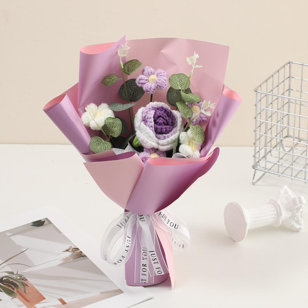 Finished Crochet Rose Flower Bouquet With artificial leaves 1 Large Flower&5 Small Flowers Knitted Flower Bouquet Gifts