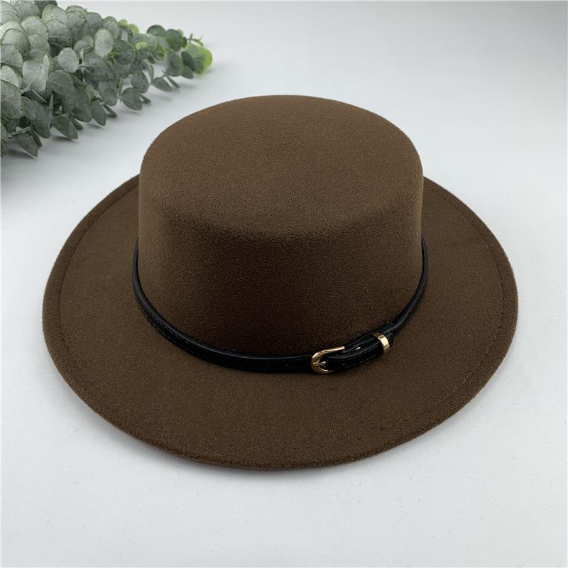 Autumn and winter British European and American style belt buckle flat top top top hat men's and women's wide brim sunshade retro woolen black ja