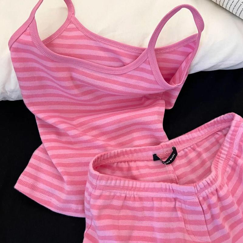 Lazy Dopamine Pink Striped Pajama Set With Sleeveless Shorts For Summer Home Lounge