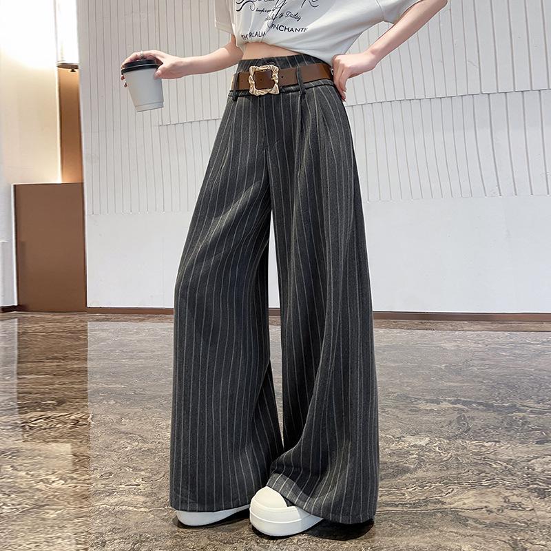 Women's High-Waisted Striped Wide-Leg Pants with Belt - Casual, Loose, Floor-Length Style