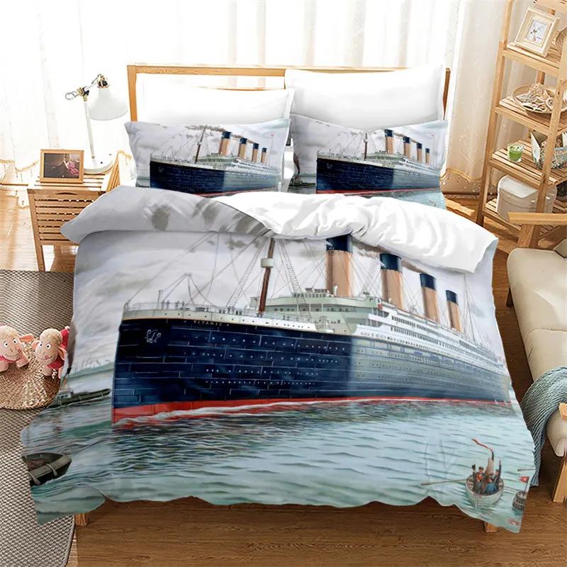 3Pcs Single-Sided Printed Bedding Set ,Comforter Pirate Sailboat Duvet Cover Ocean Bedding Cover Pillows Comfortable Bedspreads