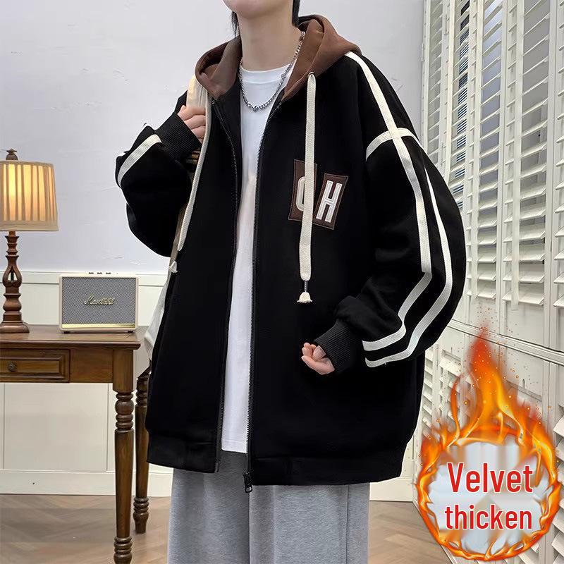 

Men s Trendy Fleece-Lined Hooded Baseball Jacket - Plus Size for Teen Students, Autumn/Winter Casual Wear XL