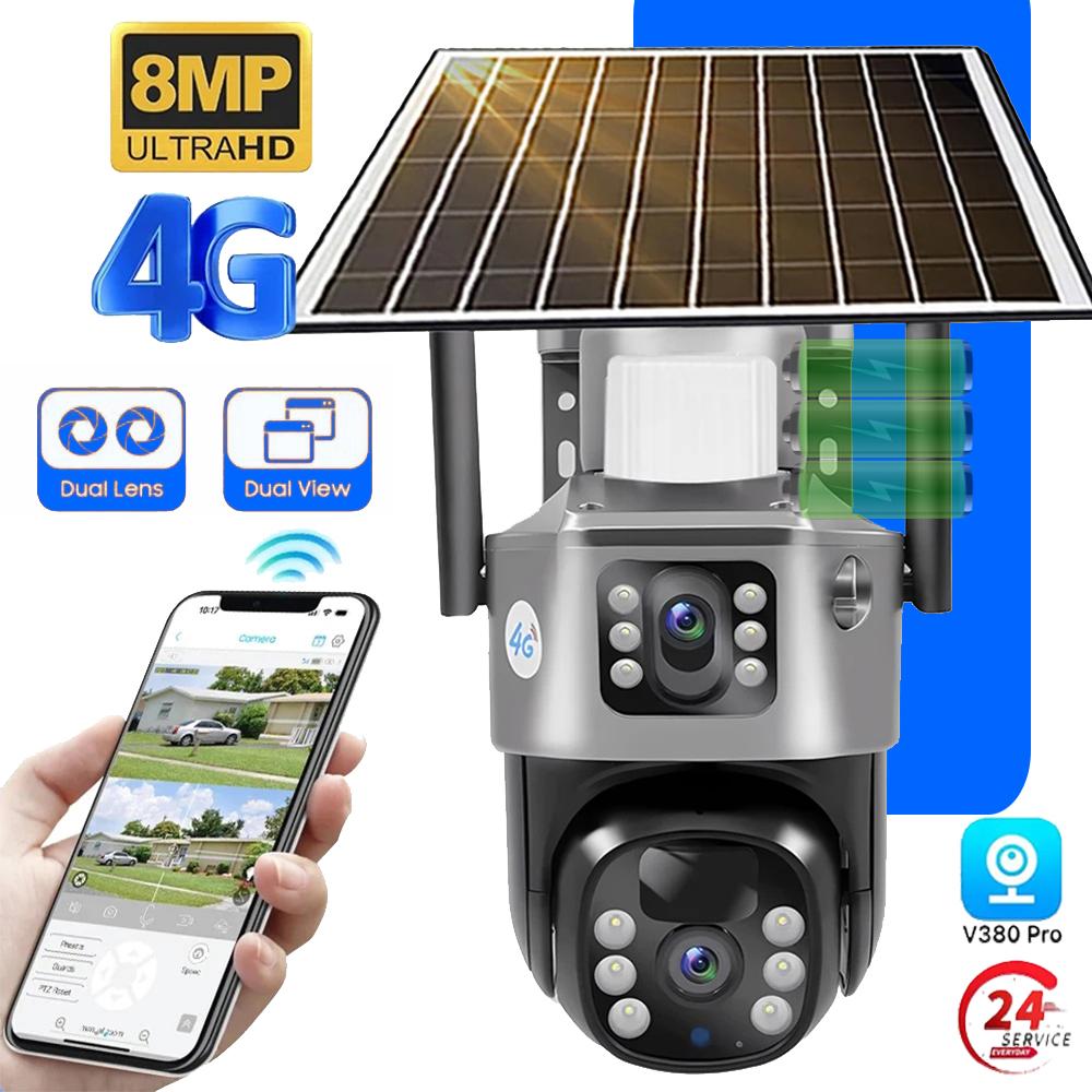 

Solar Camera 4G Sim Outdoor Dual Lens WiFi 8MP 4K IP Camara Solar Panel CCTV Security Built in Battery PIR Network Cameras V380 WiFi Camera No Card