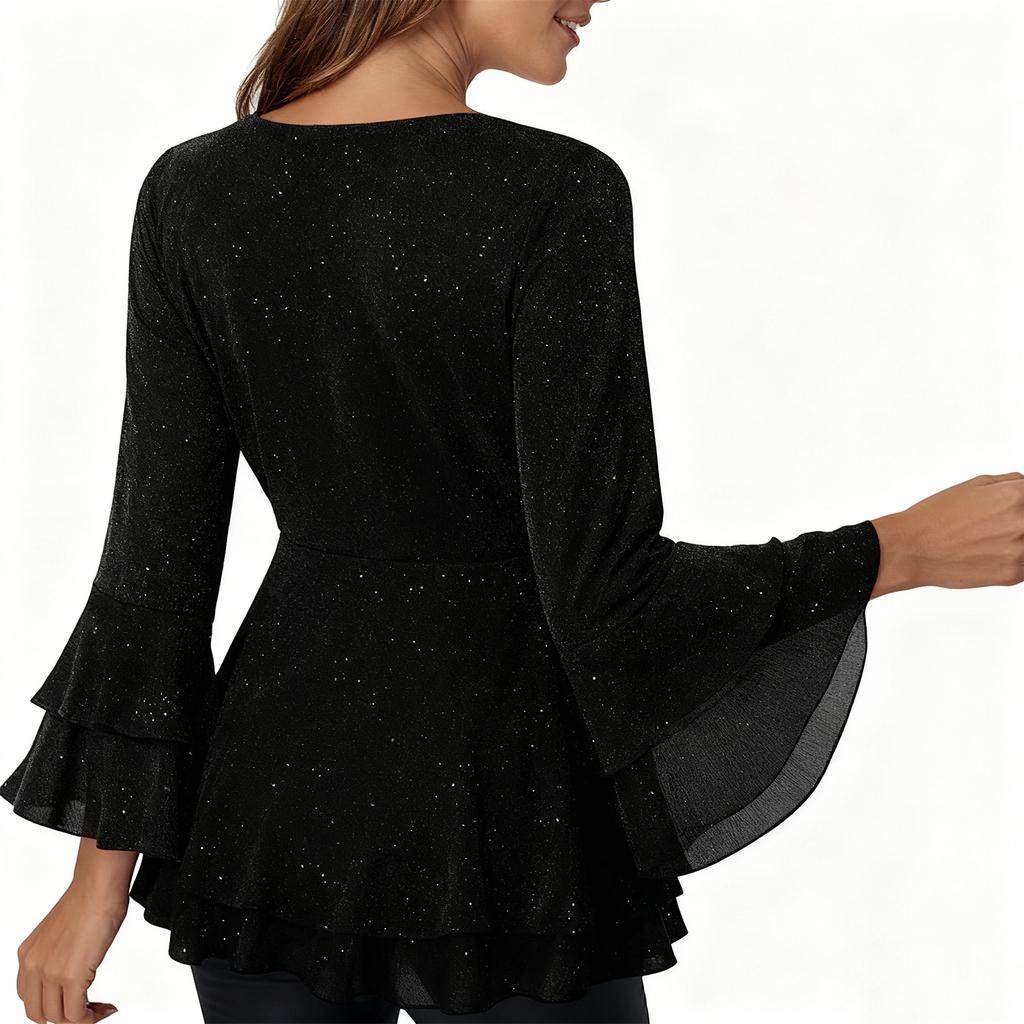 Ladies' Casual And Fashionable V-neck Solid Color Sequin Seven Quarter Sleeved Top