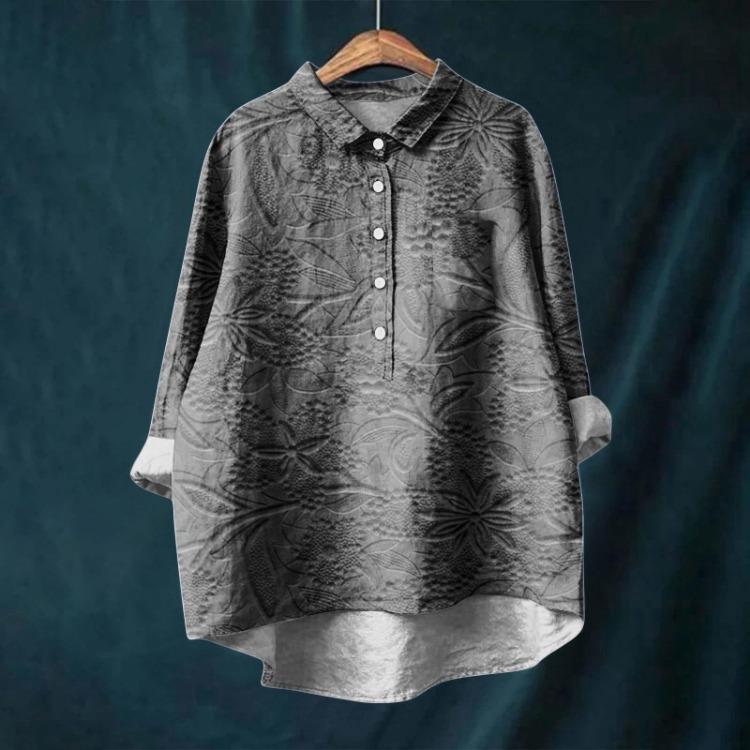 Vintage Floral Print Womens Long Sleeve Shirt Irregular Hem Collar Top Casual Button Blouse