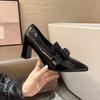 Patent Leather Bow Single Shoes Autumn New Pointed Toe Mid-Mouth Slip-On Non-Slip Wear-Resistant High Heels