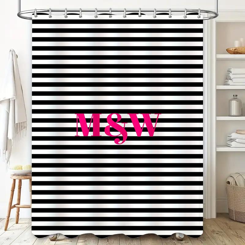 Bathroom Decor Shower Curtain Striped Pattern Print Monogram Custom Name Wedding Gift For Girls Pink M W (Black / W