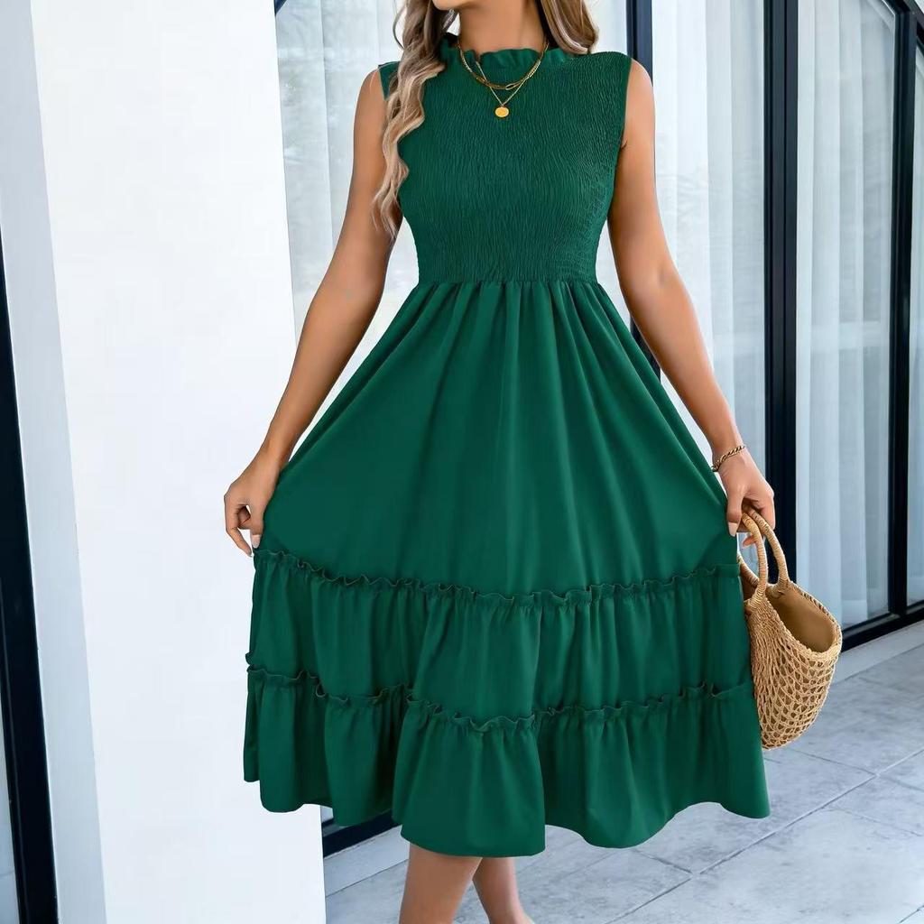 2026 Spring/Summer Sleeveless Smocked Waist Ruffle Hem Maxi Dress - Women's Casual European and American Style