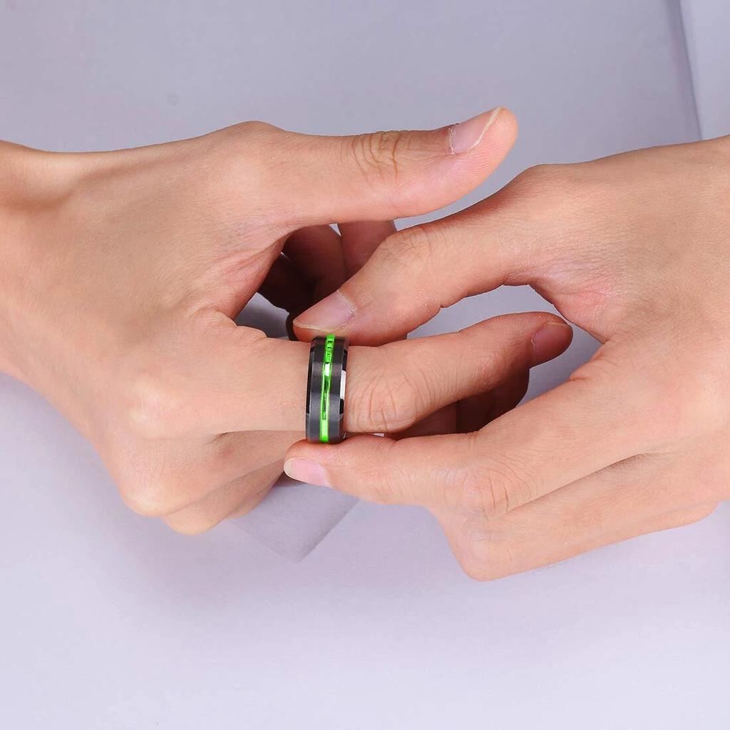 Trendy 8mm Green Color Groove Beveled Edge Tungsten Wedding Rings For Men Black Brushed Steel Engagement Ring Men's Wedding Band