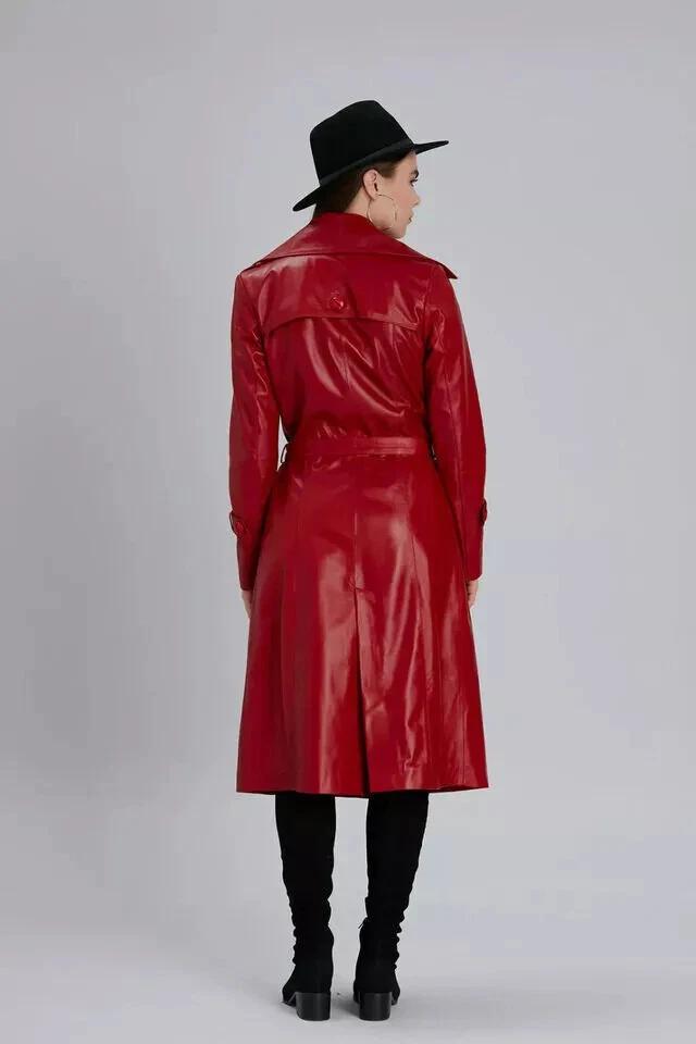 Handmade  Women's Red Trench Coat Stylish Leather Genuine Lambskin Long Designer