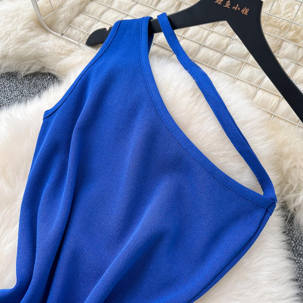Elegant Ruffle Sexy High Waist Hollow Out Slash Neck Sleeveless Knit Dress Vacation Dresses Slim Women Party Ceremonial Dress