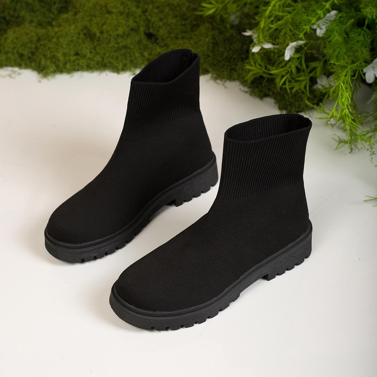 

Женские короткие вязаные туфли на плоской подошве осенне-зимняя обувь женские ботильоны на высоком каблуке черные зимние Botas Mujer 43 чёрный