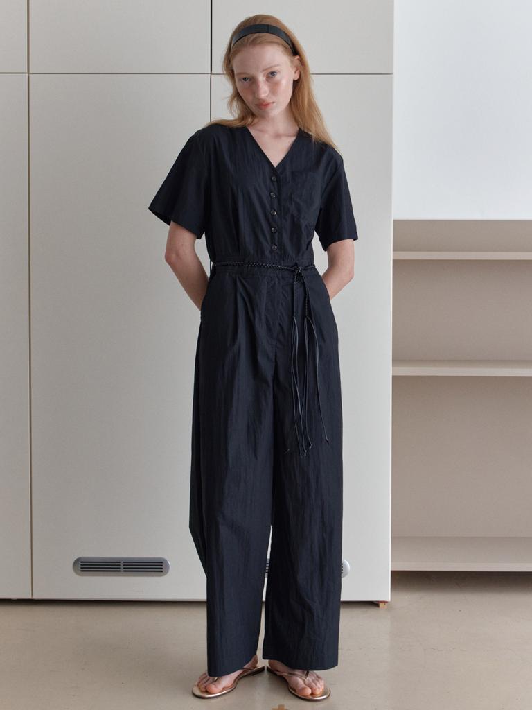 Elssibeui V-Neck Button Jumpsuit_Black
