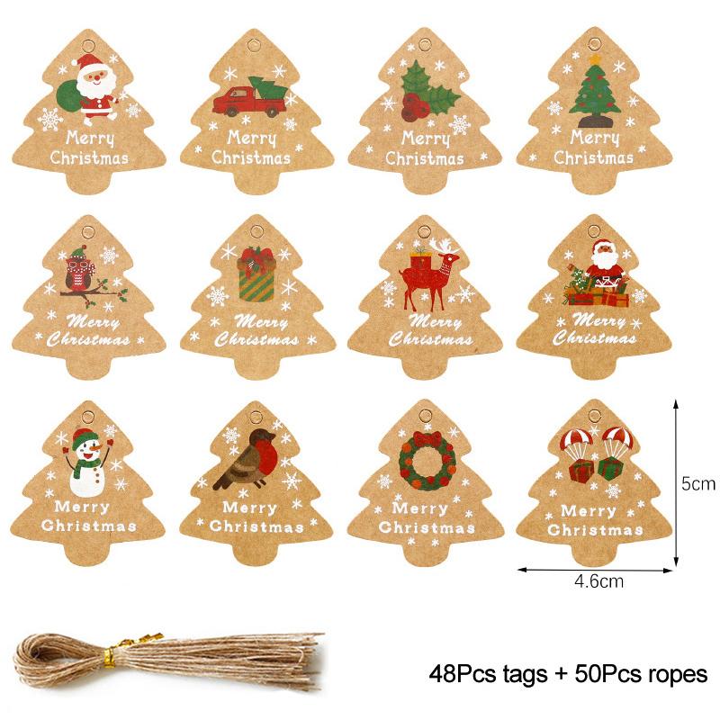 48/50Pcs Merry Christmas Kraft Paper Tags DIY Handmade Gift Wrapping Paper Labels Santa Claus Hang Tag Ornaments New Year Decor