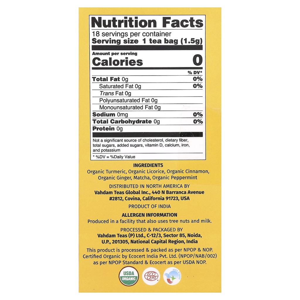 VAHDAM India, Infusions, Herbal Tea, Turmeric Matcha+, 18 Infusion Bags, 27g (0.95oz)
