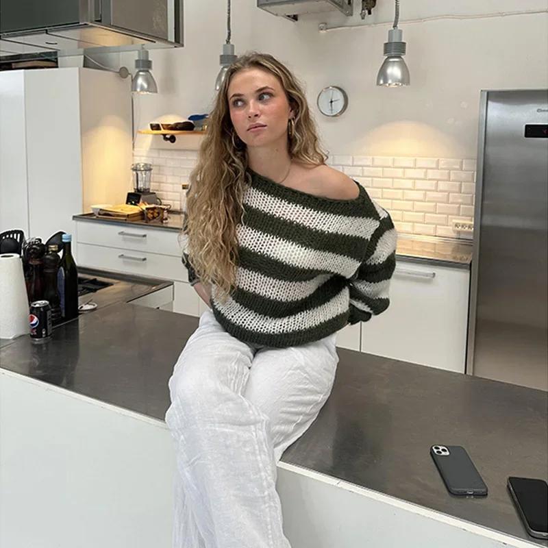 Pulovere casual tricotate cu dungi pentru femei, cu umăr dezactivat, cu mânecă lungă, pulover pentru femeie, toamnă 2024