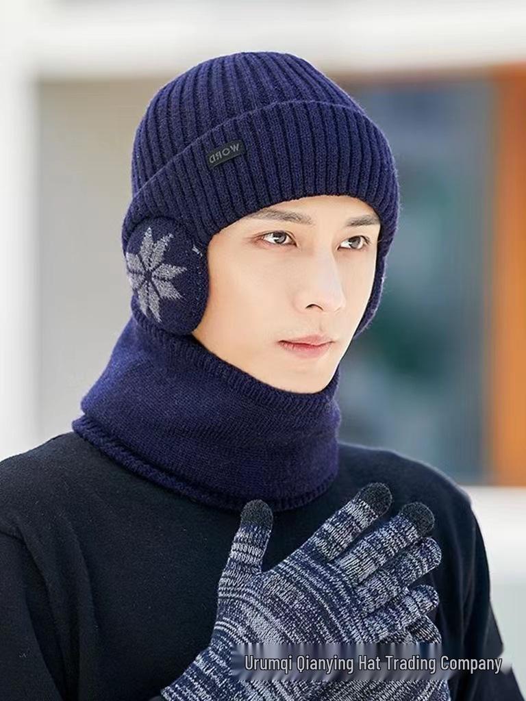 Men's Winter Knitted Wool Hat with Ear Protection, Plus Velvet, Windproof, Warm, Versatile Pullover with Large Brim.
