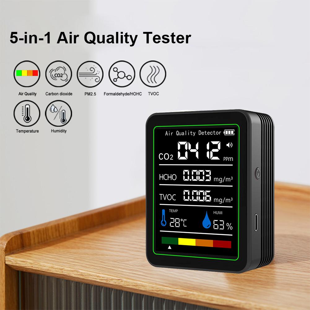 5 In 1 Digital Air Quality Monitor CO2 HCHO TVOC Humidity and Temperature Monitor CO2 Tester for Home Office LCD Rechargeable