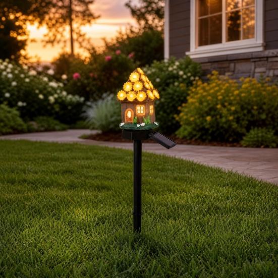 Yousheng Solar Mushroom House Light, Garden Fairy Tale Cottage Solar Light, Outdoor Waterproof Solar Lawn Light with Spike for Yard Patio
