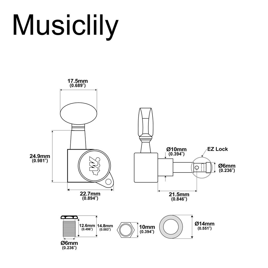 Wilkinson mini oval button tuners for Fender electric chrome E-Z-LOK 6-in-line Stratocaster/Telecaster guitars, finish.