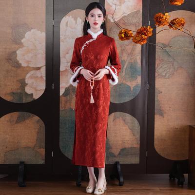 New Chinese High-end Red Long-sleeved Cheongsam Women's Velvet Warm Engagement Dress Can Be Worn Daily New Year's Clothing Autumn and Winter Clothing