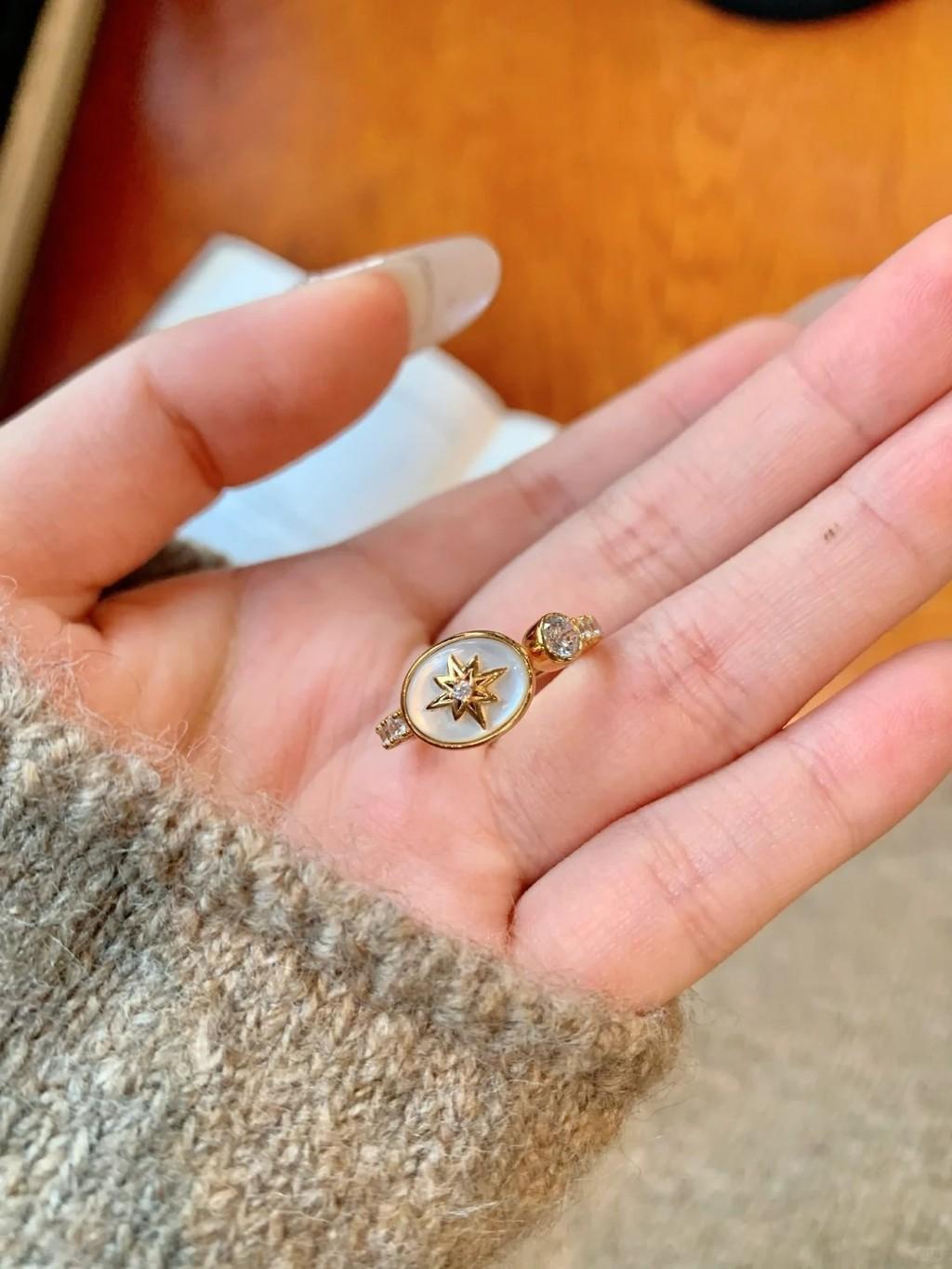 Unique Vintage Style Mother Of Pearl Eight Point Star Adjustable Ring For Women