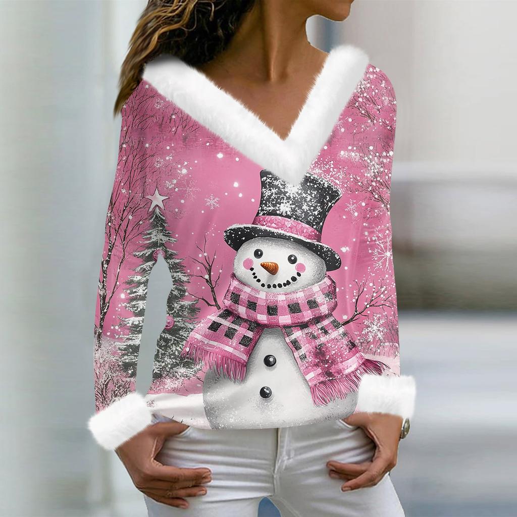 Women's T Shirt Tee Christmas Shirt Long Sleeve Party Christmas Print Fleece Collar V Neck Top