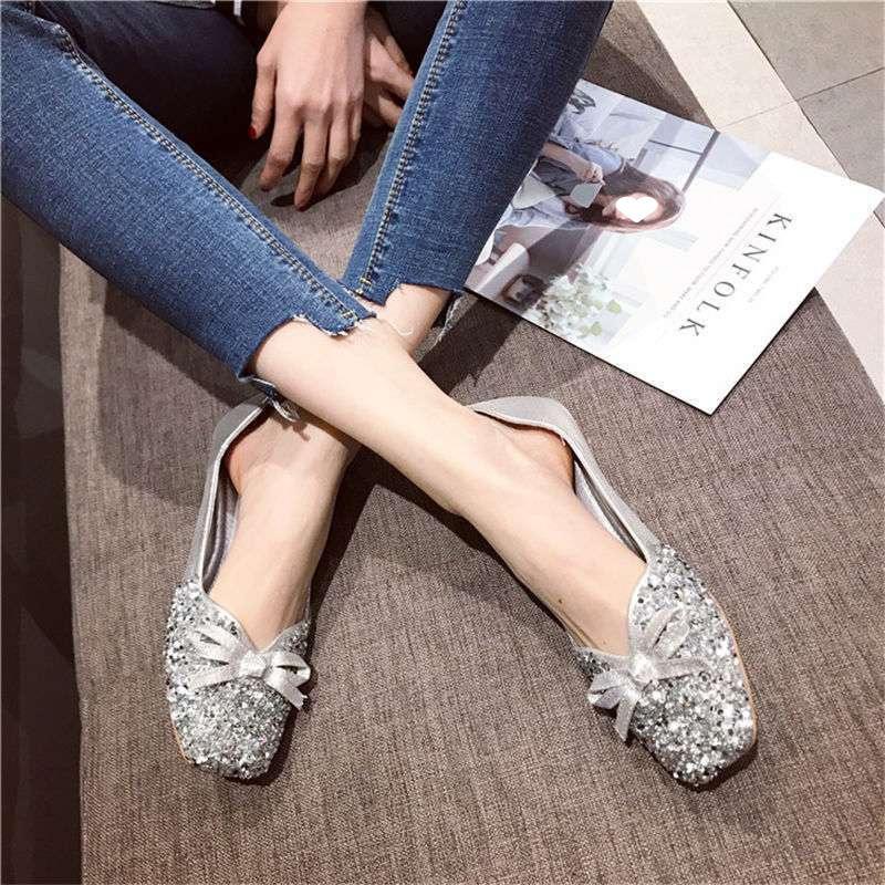 2025 spring new wedding shoes toasting shoes Korean version sequined red four-season single shoes square head large size women's shoes flat shoes