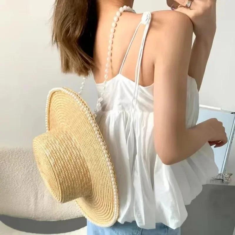 Women's Summer Sun Protection Sun Hats with Pearl Chain, Eaves Straw Fashion Straw Hats for Outdoor Travel