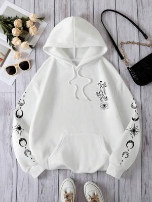 Sudadera de Mujer con Patrón de Personalidad Estrella Sol Luna Ojo Vintage Oversize con Capucha Street Casual Sudadera Otoño Simple Ropa Suave