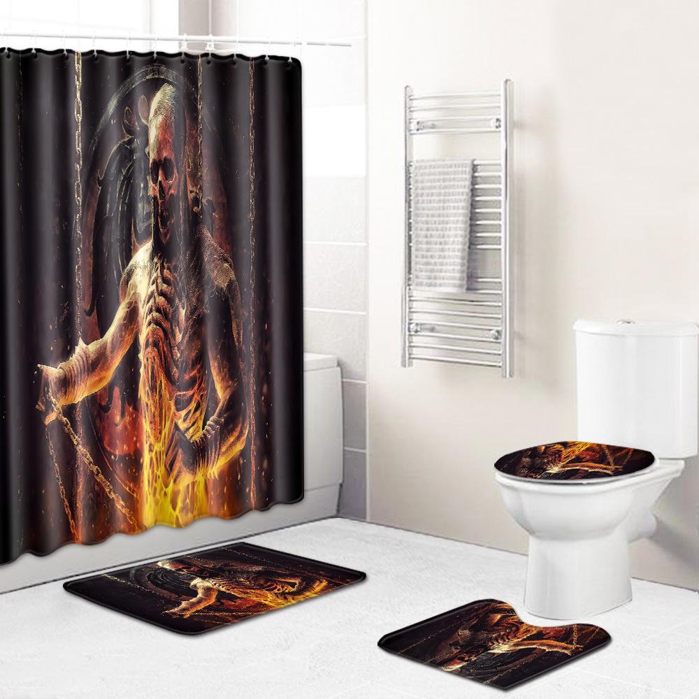 Skull Shower Curtain Floor Mat Combination Four-Piece Set Bathroom Toilet Carpet Shower Room Mat Foot Mat