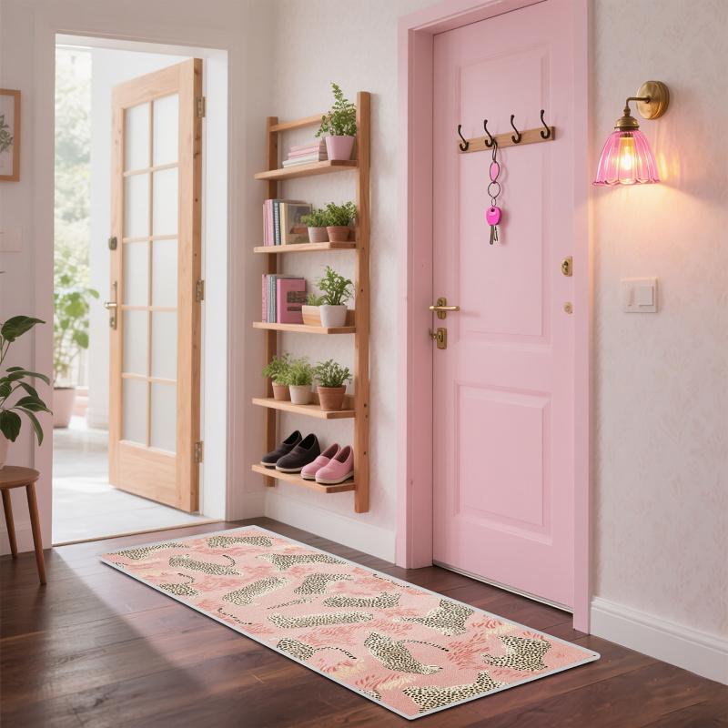 VIKAMA Pink Leopard Print Long Rug for French Luxury Entrance Hall Floor Mat Anti-Slip Kitchen Bedroom Carpet Home Decoration